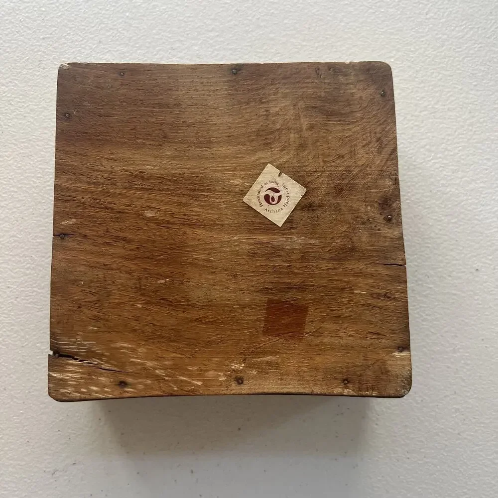 Vintage Hand Carved Wood Jewelry Trinket Box India Hinged Top 6 x 5.5 x 2.5 In